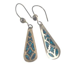 Vintage Sterling Silver & Turquoise Inlay Drop Earrings With Hook Backs